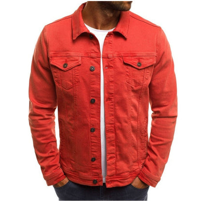 Roland red trucker denim jacket, front view