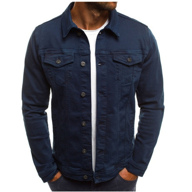 Roland navy trucker denim jacket, front view