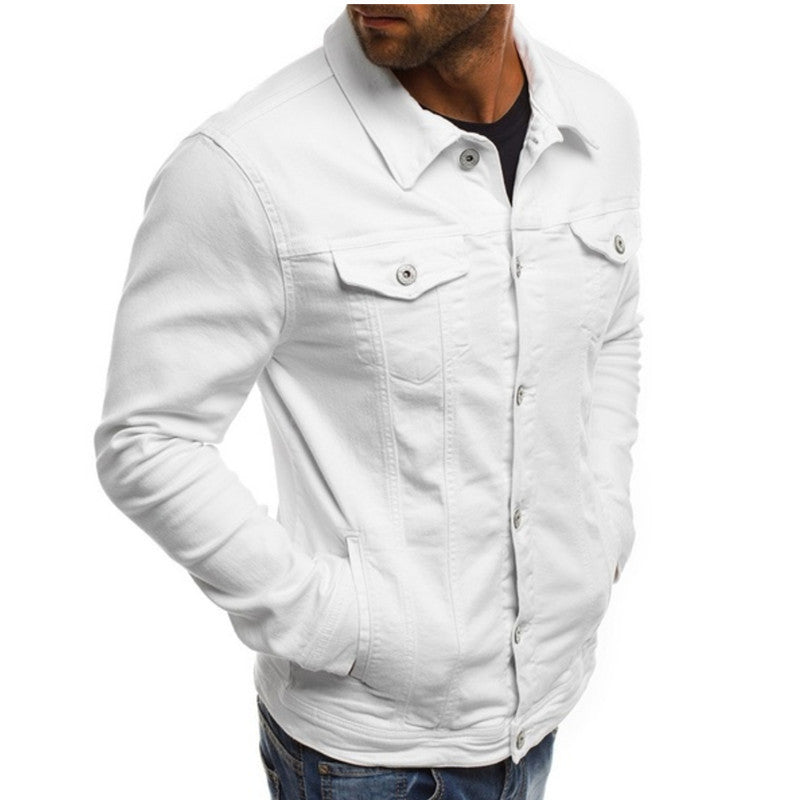 Roland white trucker denim jacket, side detail view