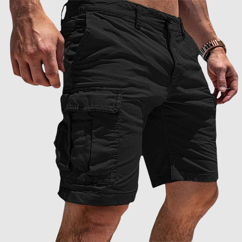 Ruben cargo shorts in black, close-up of waistband and zip front