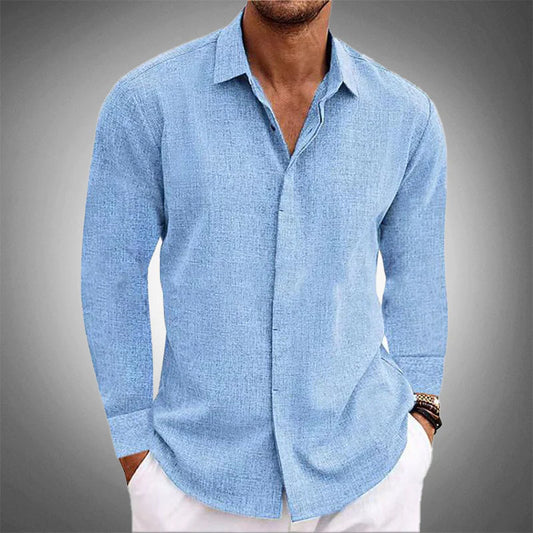Sebastian long sleeve linen shirt in blue, front view