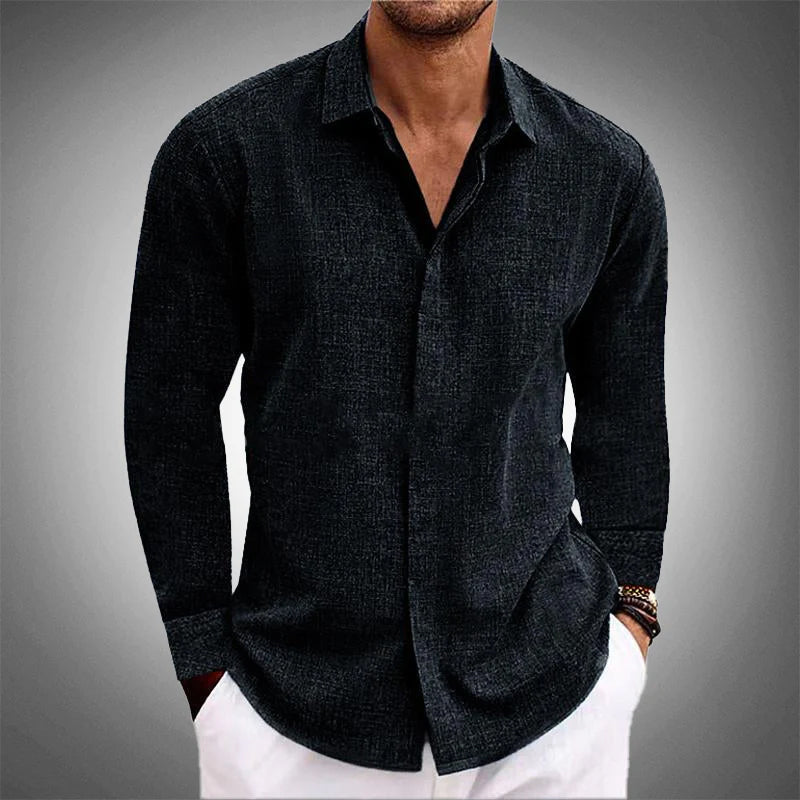 Sebastian long sleeve linen shirt in black, front view