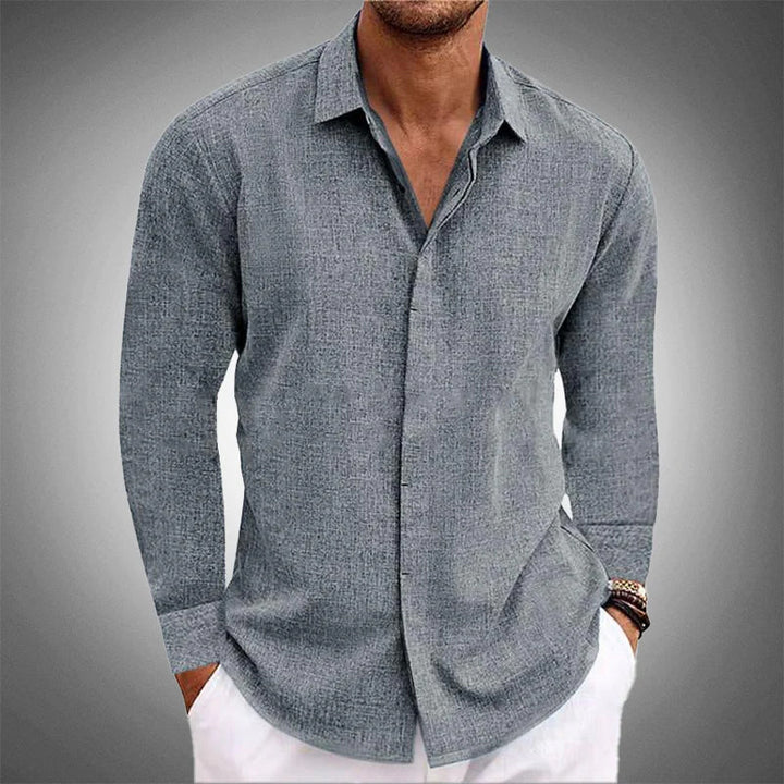 Sebastian long sleeve linen shirt in grey, front view