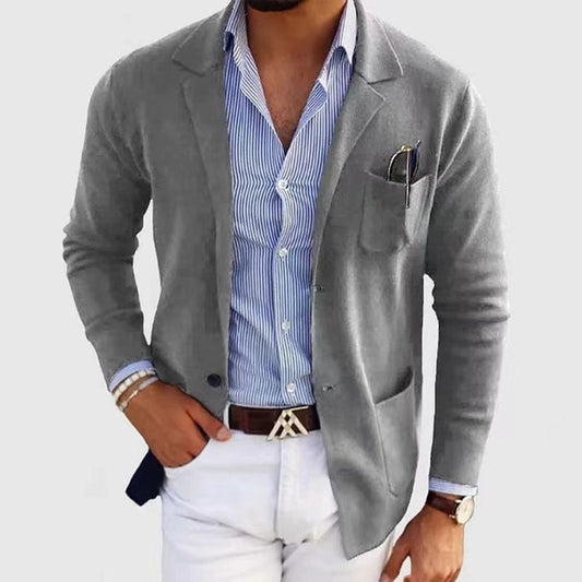 Sebastian grey notch lapel knitted cardigan, front view