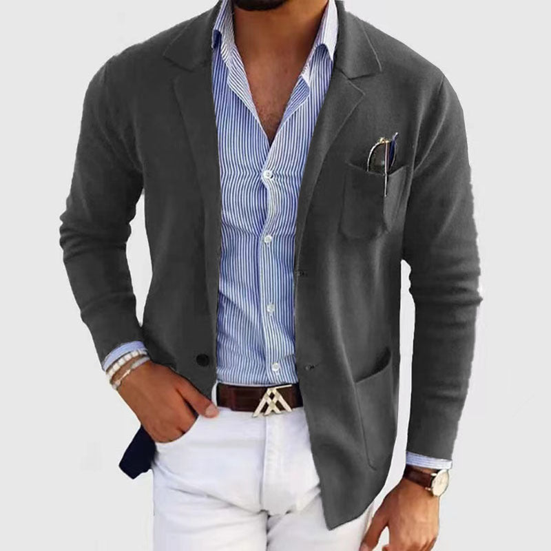 Sebastian charcoal grey notch lapel cardigan with button front