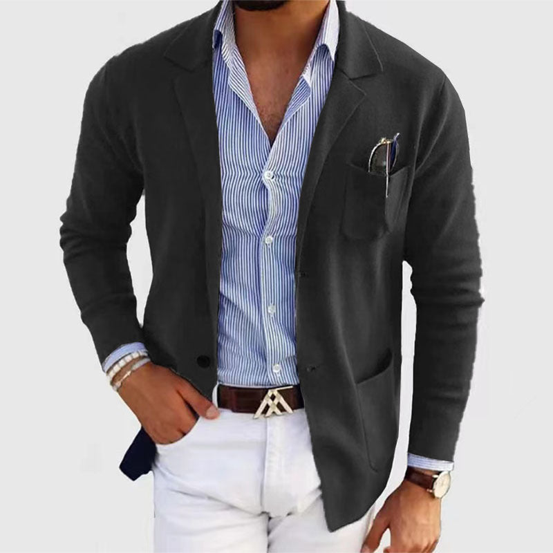 Sebastian black knitted blazer cardigan, close-up front detail