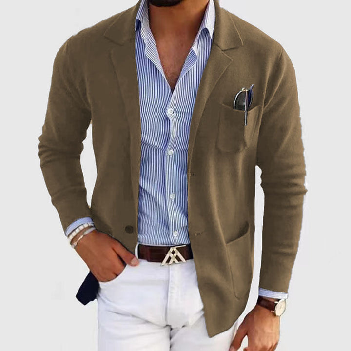 Sebastian khaki notch lapel cardigan, front view