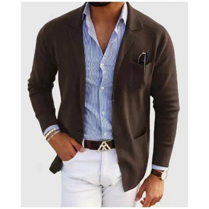 Sebastian brown knitted blazer cardigan styled with striped shirt