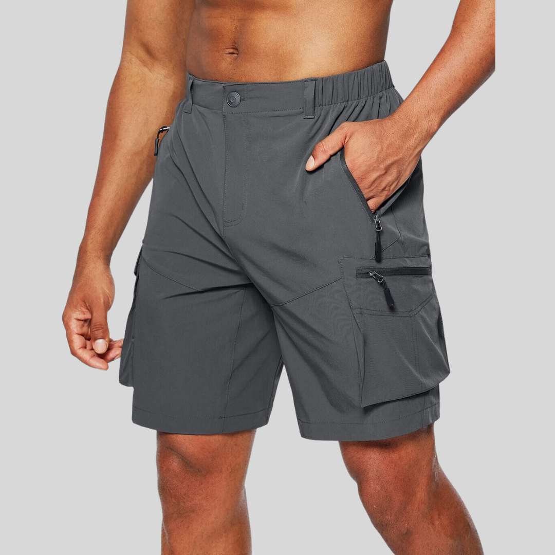 Sven grey cargo shorts with zip pockets, side view