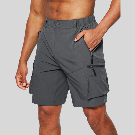 Sven grey cargo shorts with zip pockets, side view