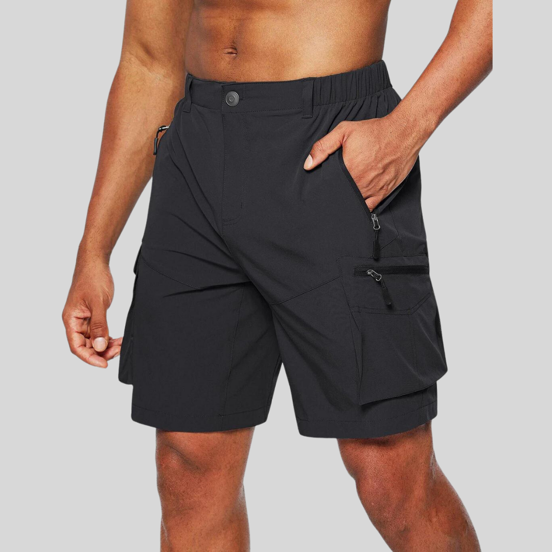 Sven black cargo shorts with zip pockets, hand in pocket