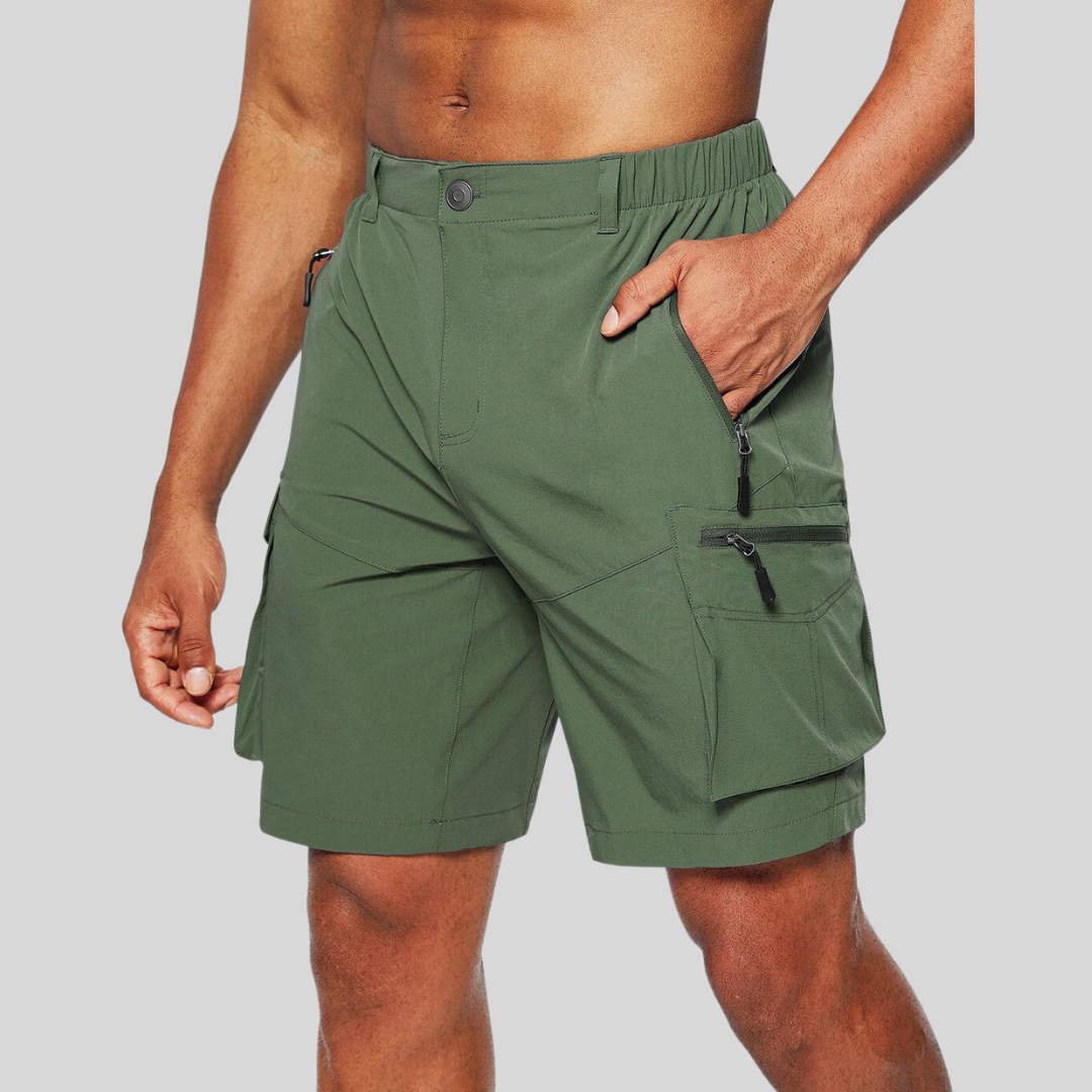 Sven green cargo shorts with zip pockets, side view