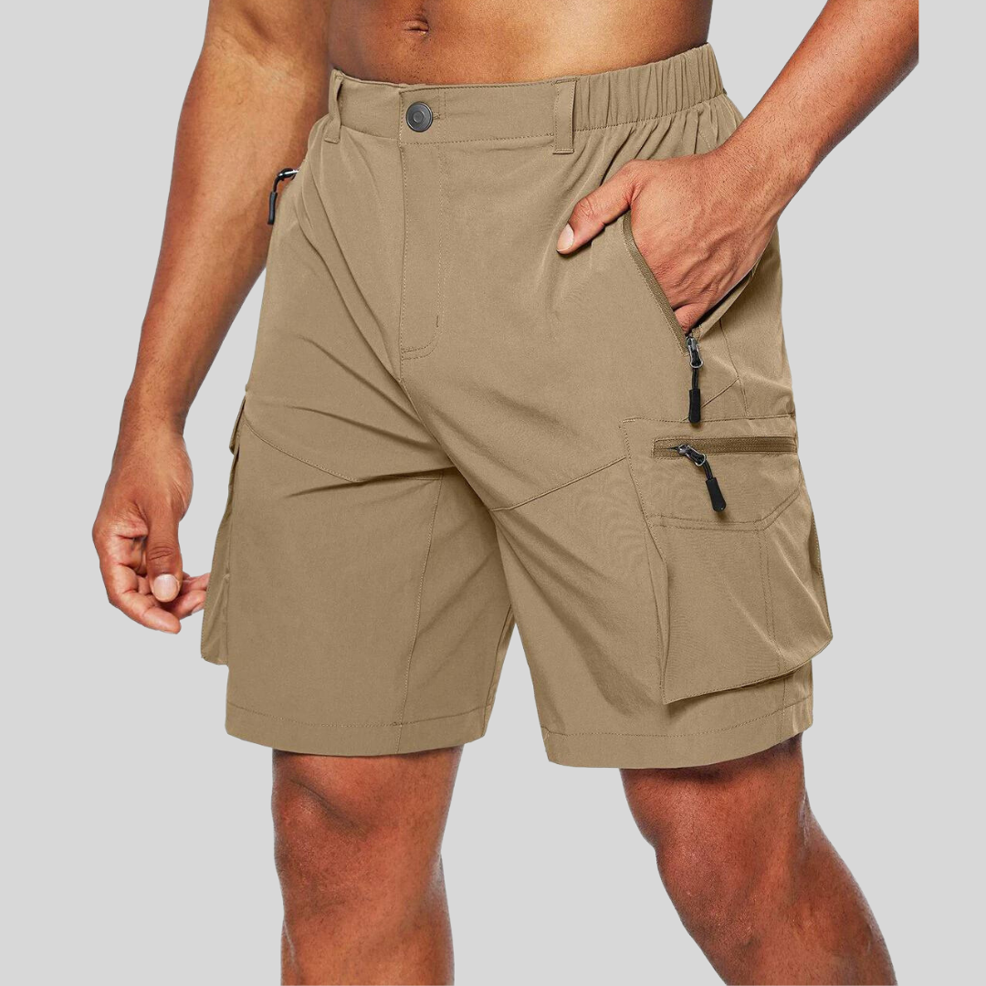 Sven khaki cargo shorts with zip pockets, side view