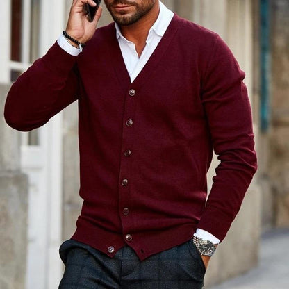 Theo men's maroon button-up V-neck cardigan, front view on phone call