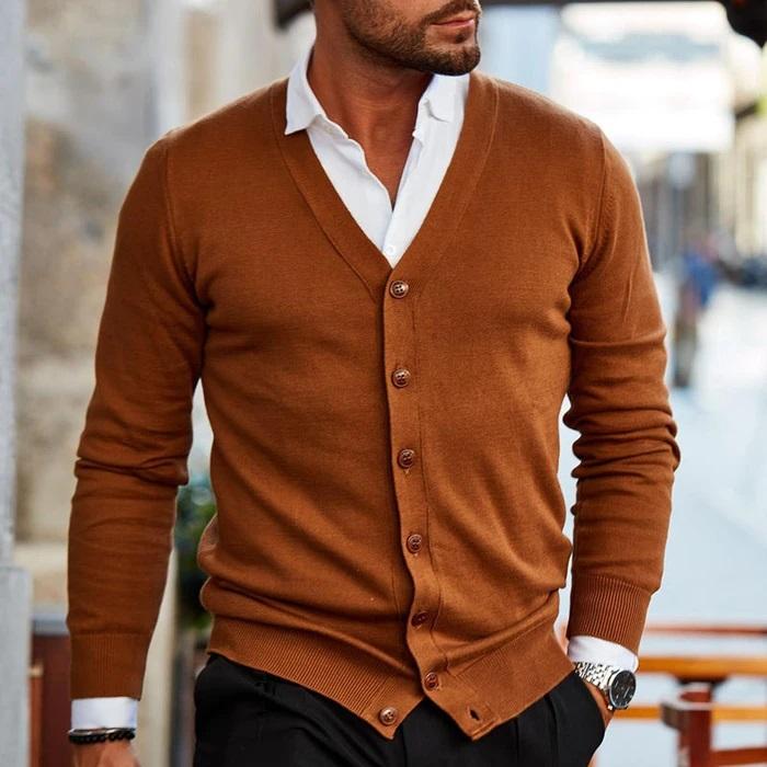 Theo men's camel button-up V-neck cardigan, close-up front view