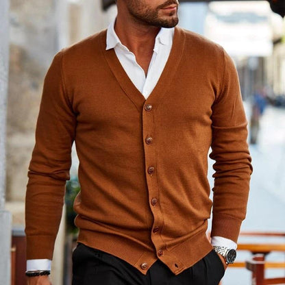 Theo men's camel button-up V-neck cardigan, close-up front view