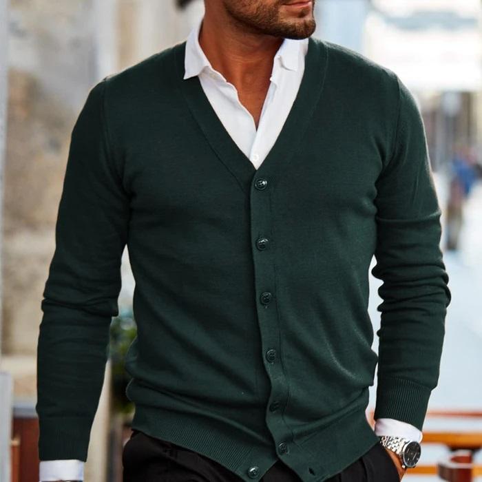 Theo men's dark green button-up V-neck cardigan, front view