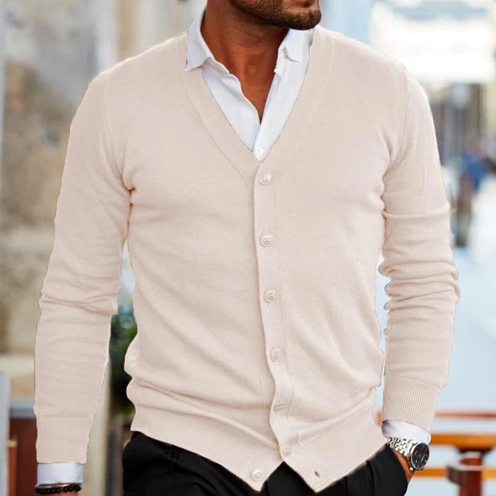 Theo men's cream button-up V-neck cardigan, front view