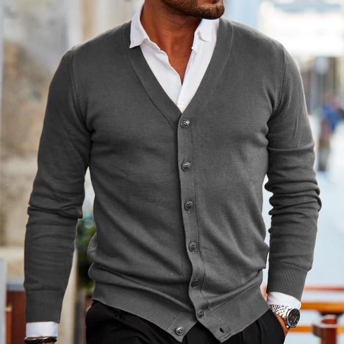 Theo men's charcoal grey button-up V-neck cardigan, front view