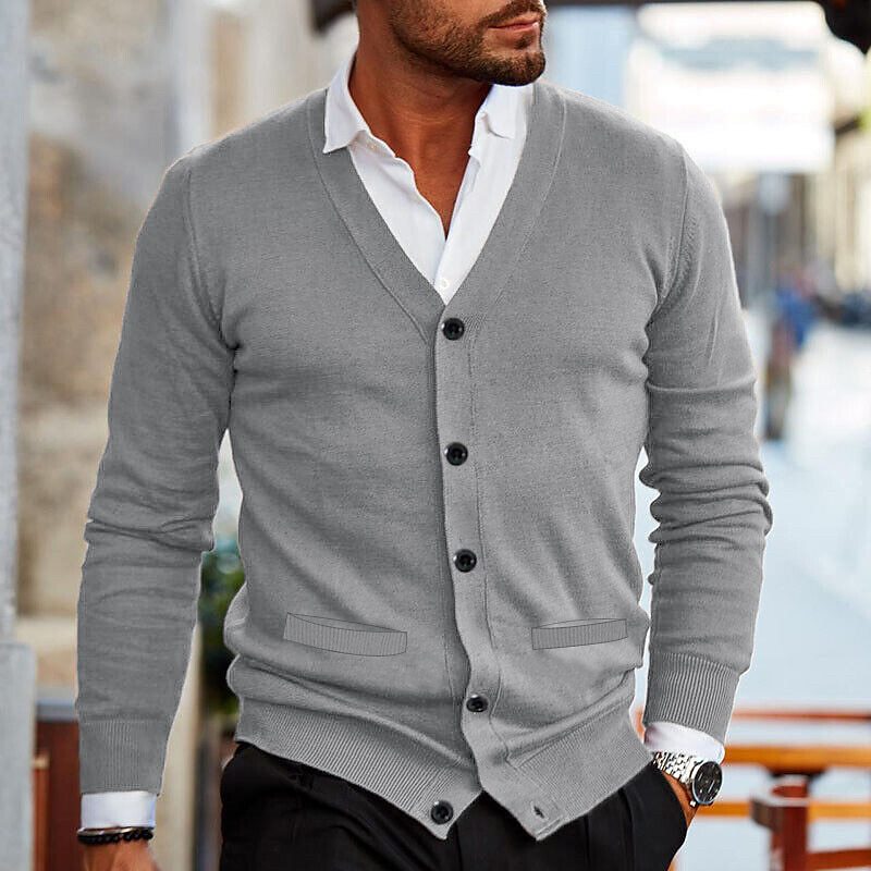 Theo men's light grey button-up V-neck cardigan with pockets, front view