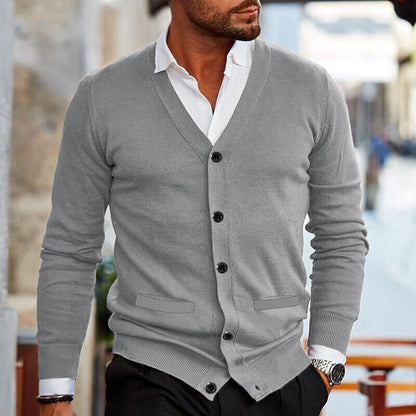 Theo men's light grey button-up V-neck cardigan with pockets, front view