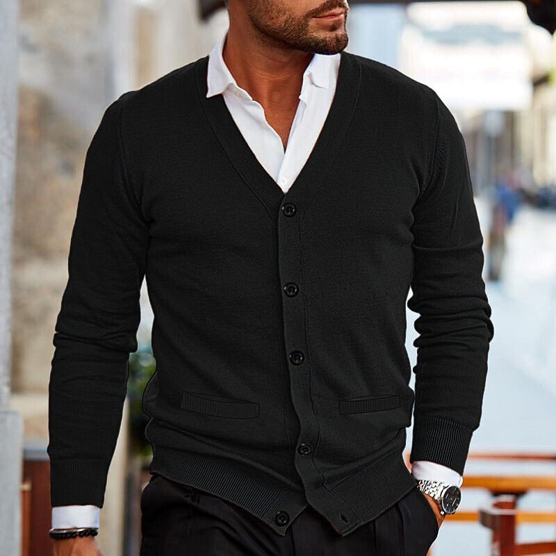 Theo men's black button-up V-neck cardigan with pockets, front view