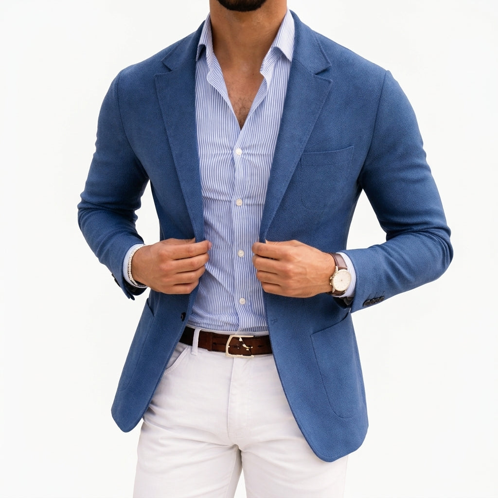 Thomas knit blazer in blue, front view with notch lapel detail