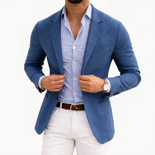 Thomas knit blazer in blue, front view with notch lapel detail