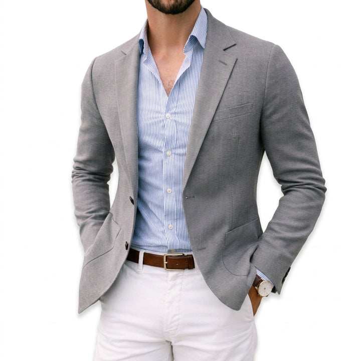 Thomas knit blazer in grey, styled with hand in pocket