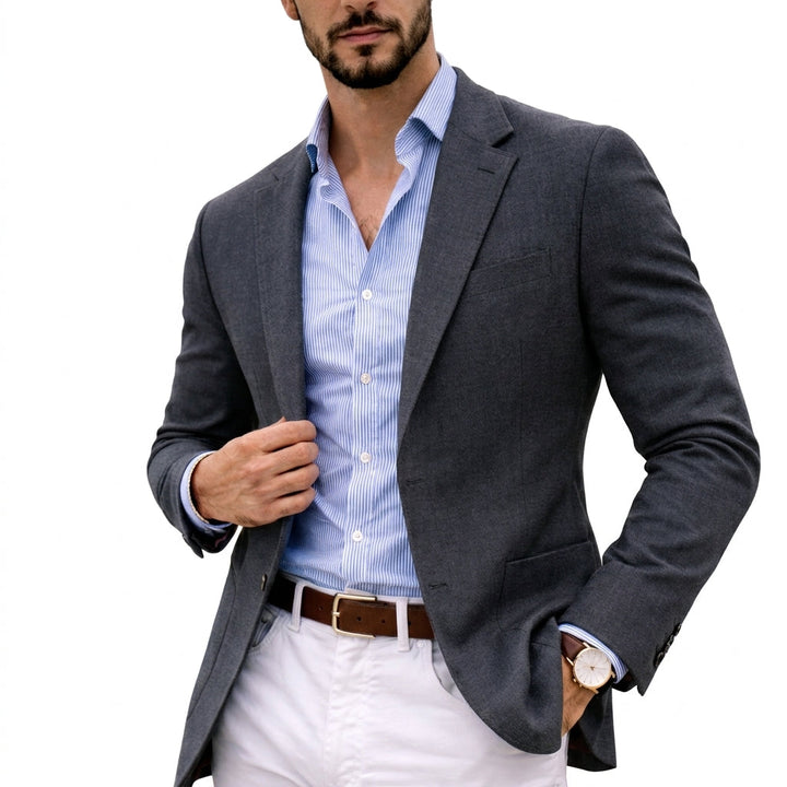 Thomas knit blazer in charcoal grey, close-up lapel and collar detail