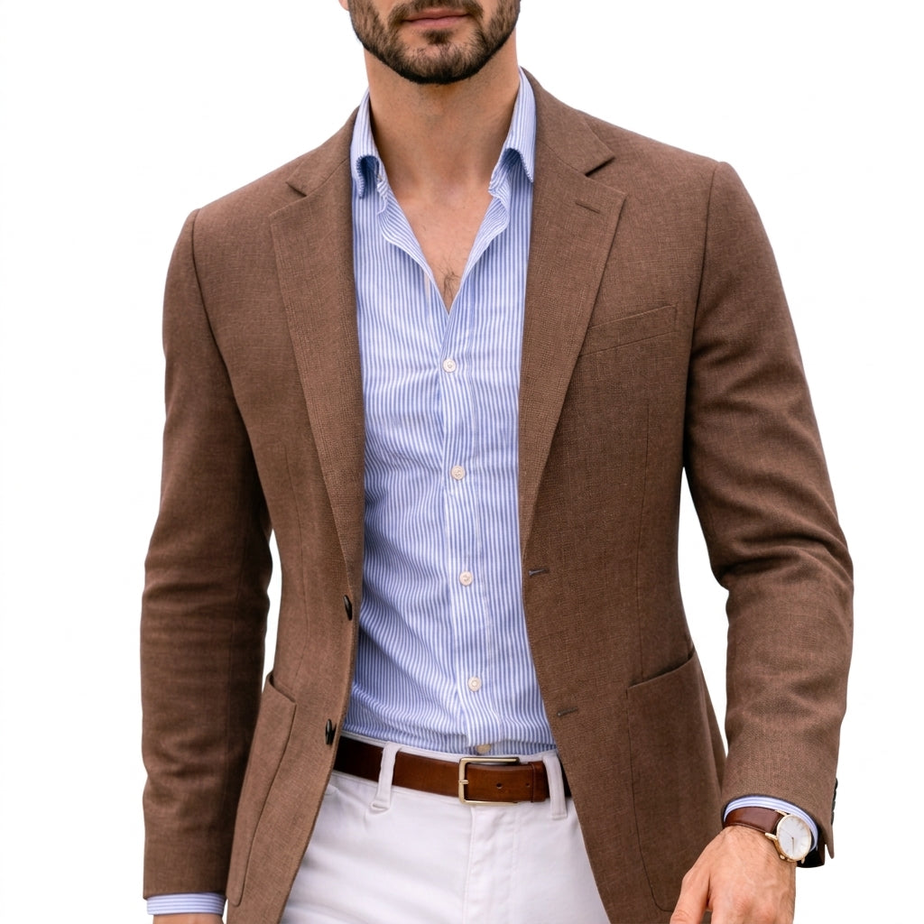 Thomas knit blazer in brown, close-up front view