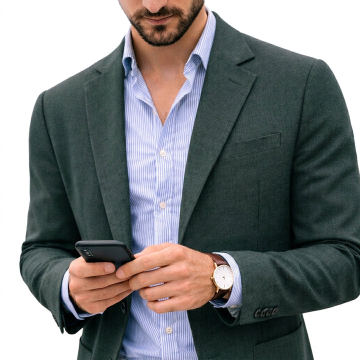 Thomas knit blazer in dark green, styled with striped shirt