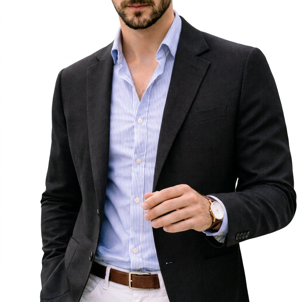 Thomas knit blazer in charcoal, close-up cuff and lapel detail