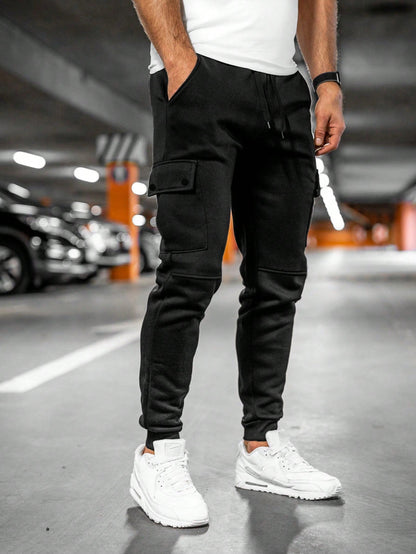 Tom cargo jogger trousers with flap pocket, front view in black