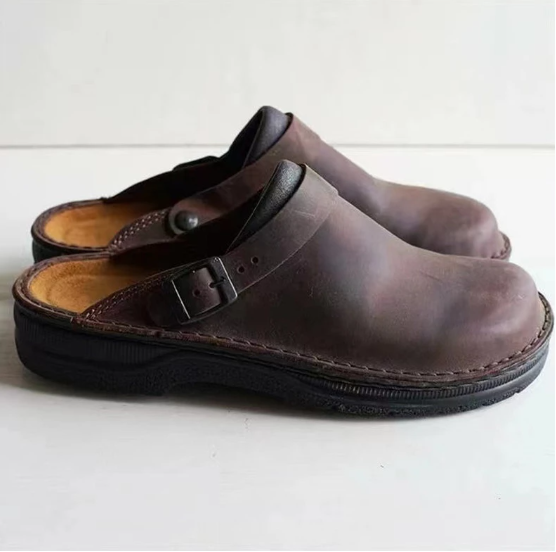 Walter buckle strap orthopedic clog sandals in brown, side view pair