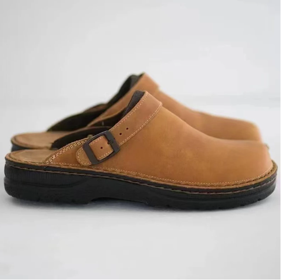 Walter buckle strap orthopedic clog sandals in tan, side view pair