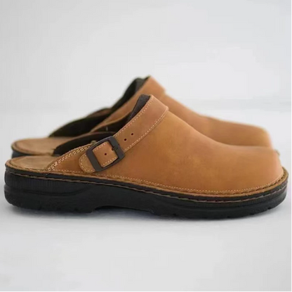 Walter buckle strap orthopedic clog sandals in tan, side view pair