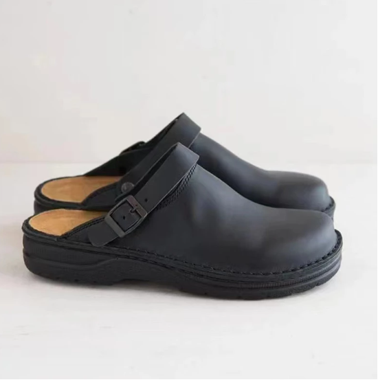 Walter buckle strap orthopedic clog sandals in black, side view pair