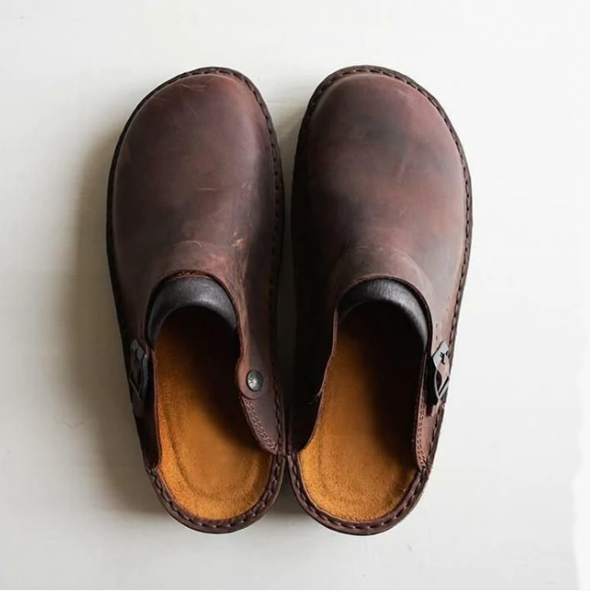 Walter clog sandals in brown, top view of both shoes