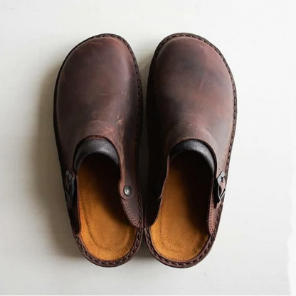 Walter clog sandals in brown, top view of both shoes
