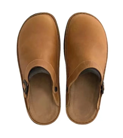 Walter clog sandals in tan, top view of both shoes