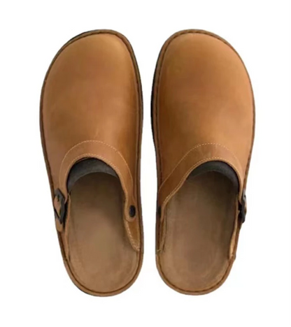 Walter clog sandals in tan, top view of both shoes