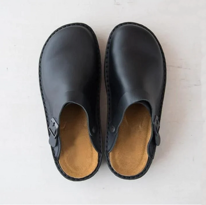 Walter clog sandals in black, top view of both shoes