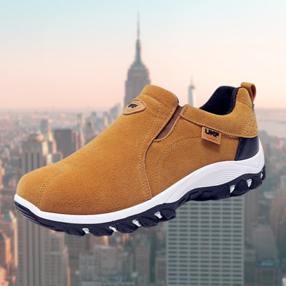 Wesley men's slip-on orthopedic trainer in tan suede-effect, side profile view