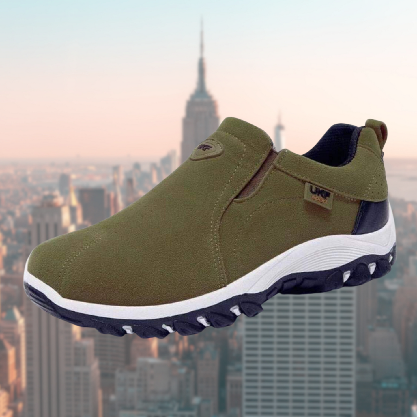 Wesley men's slip-on orthopedic trainer in khaki green, side profile view