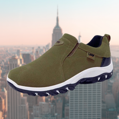 Wesley men's slip-on orthopedic trainer in khaki green, side profile view