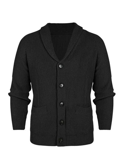 Winston black shawl collar button-front cardigan, flat lay front view