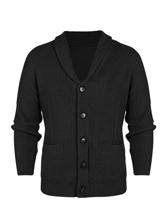 Winston black shawl collar button-front cardigan, flat lay front view