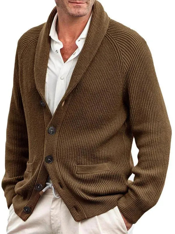 Winston brown shawl collar ribbed knit cardigan worn by male model
