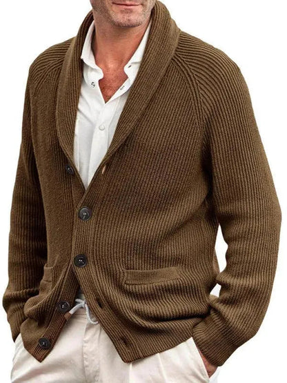 Winston brown shawl collar ribbed knit cardigan worn by male model